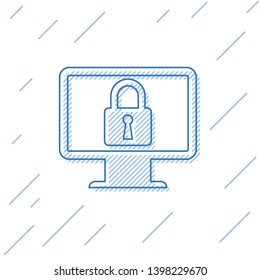 Blue Lock on computer monitor screen line icon isolated on white background. Monitor and padlock. Security, safety, protection concept. Safe internetwork. Vector Illustration