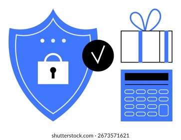Blaues Schloss auf Schild, Geschenkbox mit Band, Taschenrechner, schwarzer Kreis mit Häkchen. Ideal für Cybersicherheit, Online-Schutz, Privatsphäre, finanzielle Sicherheit sichere Transaktionen Geschenke Sicherheit. Zeile