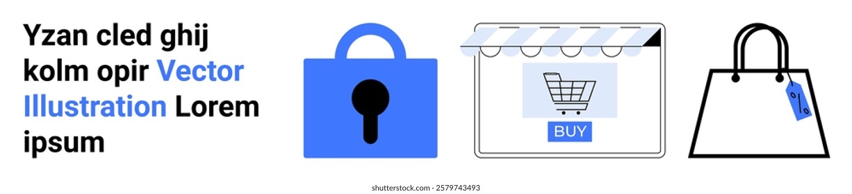 Blue lock, online storefront, and shopping bag convey e-commerce security and online shopping themes. Ideal for cybersecurity, e-commerce, online retail, digital shopping, technology. Banner