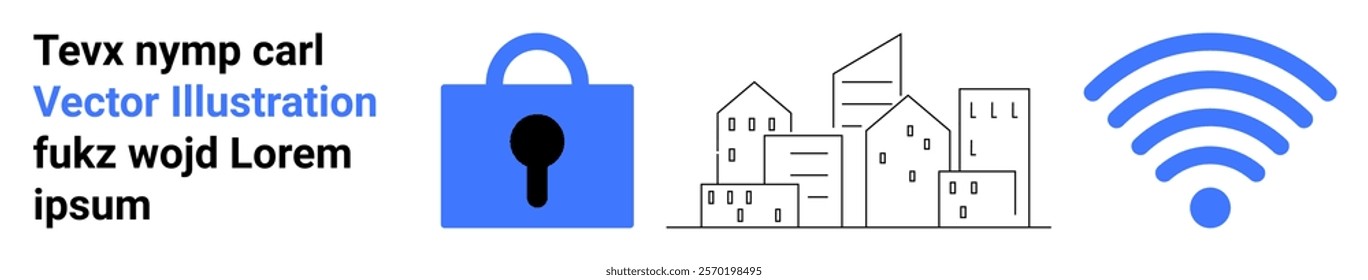 Blue lock, outline of buildings, and wireless symbol convey cybersecurity, smart cities, communication, and data protection. Ideal for technology, security, urban planning, wireless connectivity