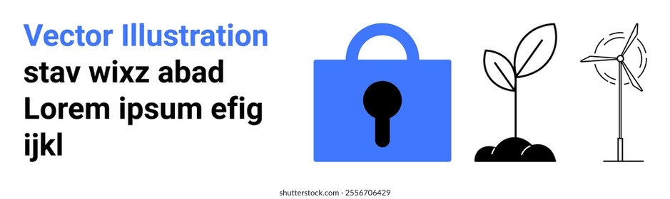 A blue lock, a plant sprout, and a wind turbine with text on the side. Ideal for themes like sustainability, security, renewable energy, environmental conservation, and future technology. Landing