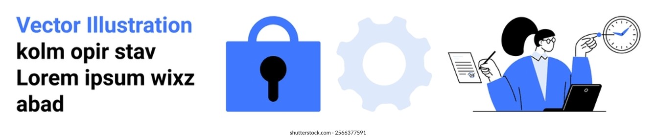 Blue lock representing security, gear icon symbolizing technical support, person reviewing documents by laptop. Ideal for technology, cybersecurity, support services, document management, and time