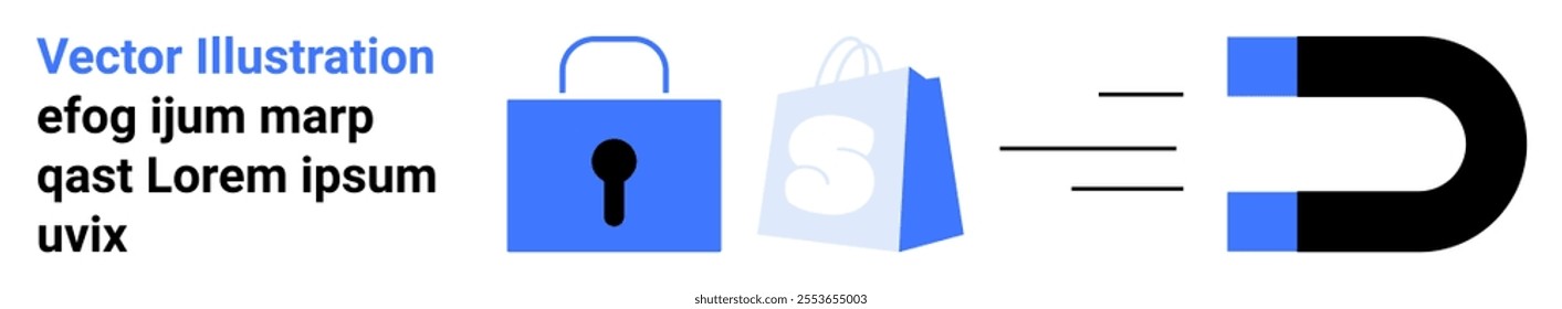 Blue lock, shopping bag with an S, and magnet with blue accents. Ideal for digital security, e-commerce attraction, online marketing, web design, customer retention. Landing page