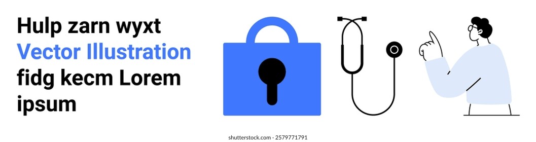 Blue lock and stethoscope represent security and healthcare, while a person symbolizes communication. Ideal for healthcare, security, technology, communication, and digital access concepts. Banner