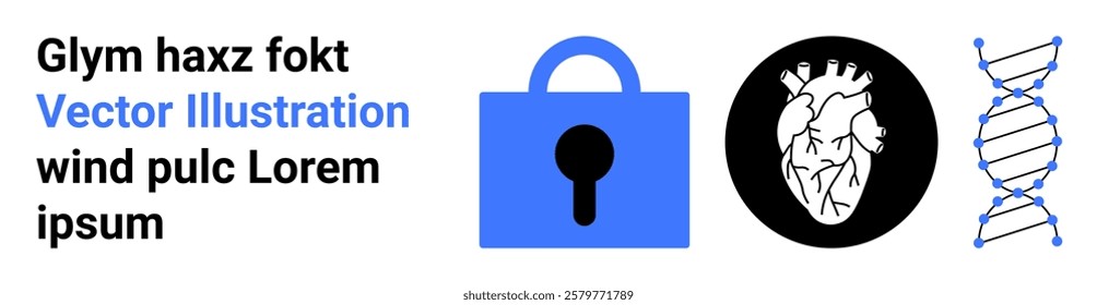 Blue lock symbol, anatomical heart with a black background and a scientific DNA helix. Ideal for cybersecurity, healthcare, medical research, biotechnology and digital health. Banner for landing page