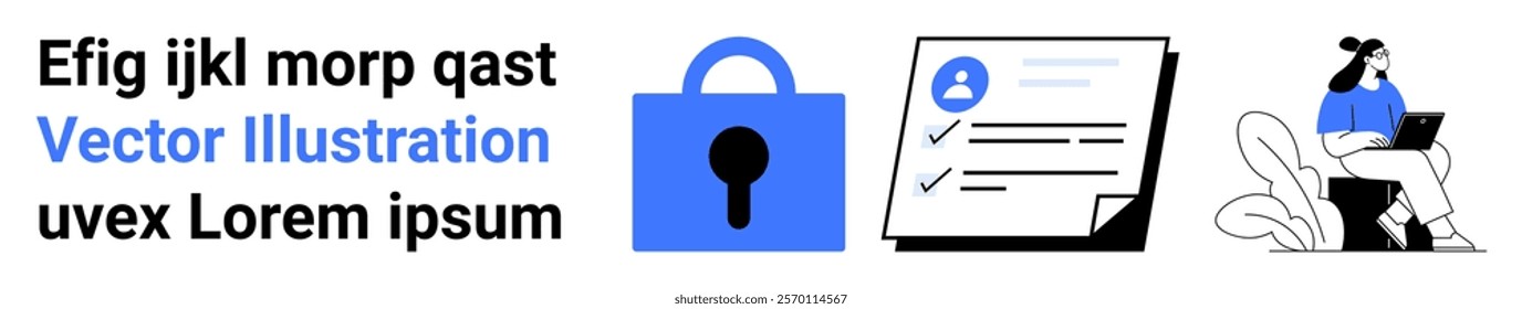 A blue lock symbol, a document with checkmarks and a profile picture, and a person using a laptop. Ideal for data protection, online privacy, secure storage, information management, cybersecurity