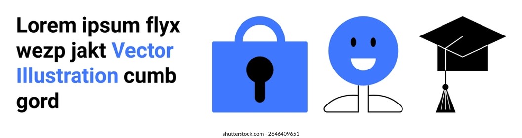 Símbolo de cadeado azul, rosto feliz e ícones de boné de formatura. Ideal para orientação de segurança, experiência do usuário, plataformas educacionais, aprendizagem on-line, acadêmicos, segurança digital e elementos de interface do usuário