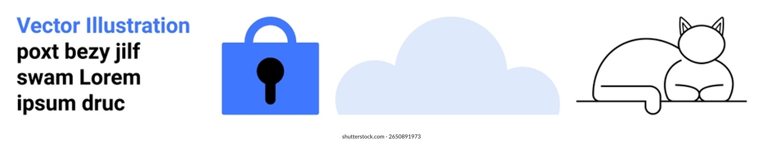 Blue lock symbol next to a cloud shape and a minimalist cat outline. Ideal for security themes, cloud computing, pet-related content, minimalistic design, tech branding, online articles, user