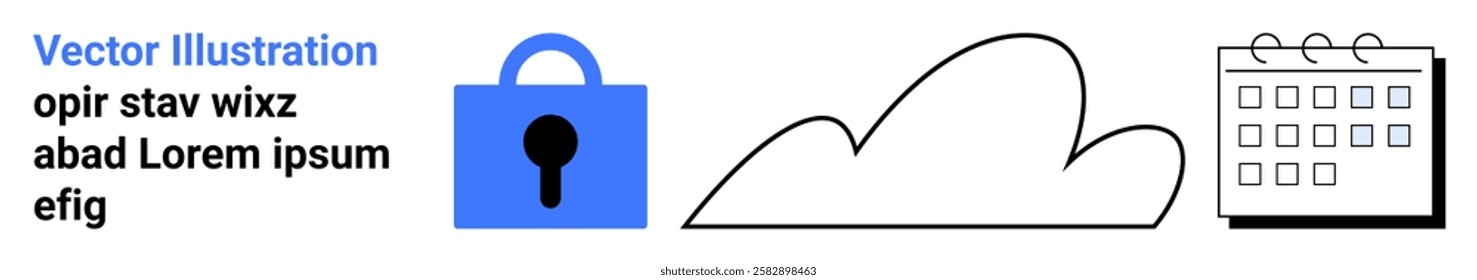 Blue lock symbol for security next to cloud and calendar icons in minimalist style. Ideal for tech, security, planning, cloud storage, data management. Banner for landing page