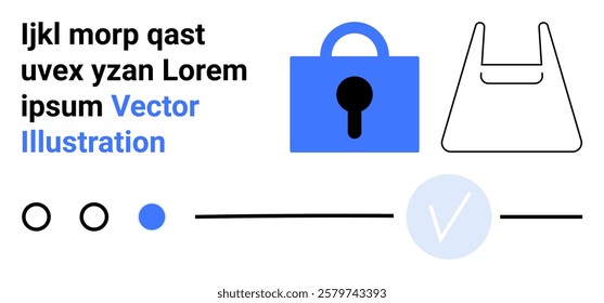 A blue lock symbolizes security alongside a shopping bag icon, circles, lines, and text. Ideal for security, e-commerce, technology, digital design, modernity. Banner for landing page