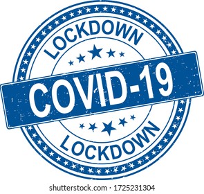 blue lockdown COVID-19 label with stamp effect, grunge, banner covid 19 concept.