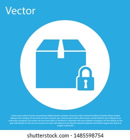 Blue Locked package icon isolated on blue background. Lock and cardboard box. White circle button. Vector Illustration