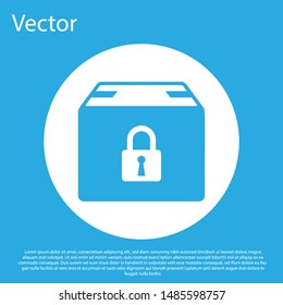 Blue Locked package icon isolated on blue background. Lock and cardboard box. White circle button. Vector Illustration