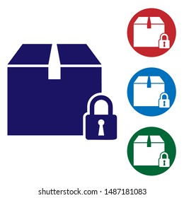 Blue Locked package icon isolated on white background. Lock and cardboard box. Set color icons in circle buttons. Vector Illustration