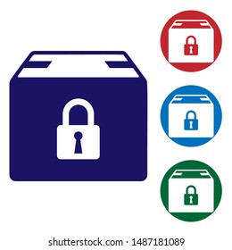 Blue Locked package icon isolated on white background. Lock and cardboard box. Set color icons in circle buttons. Vector Illustration