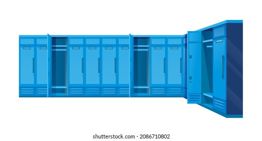 Blue locker vector illustration. Cartoon closed cabinet with locks on doors for storage of clothes in public sport gym, school or office, security closet or wardrobe cupboard isolated on white