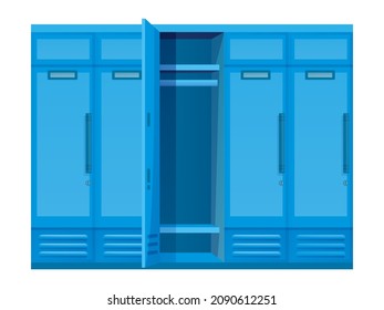 Blue locker vector illustration. Cartoon closed cabinet with locks on doors for storage of clothes in public sport gym, school or office, security closet or wardrobe cupboard isolated on white