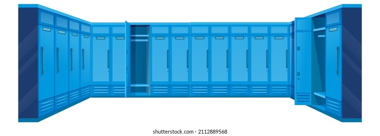 Blue locker vector illustration. Cartoon closed cabinet with locks on doors for storage of clothes in public sport gym, school or office, security closet or wardrobe cupboard isolated on white