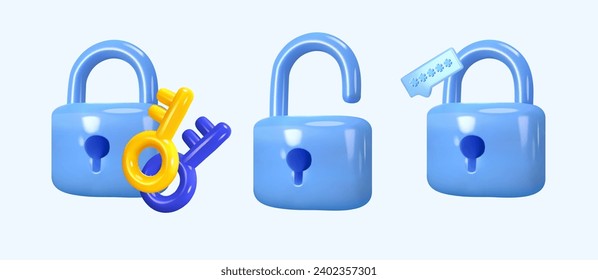 Blue locks in 3D style. Keys for the lock. Concept of strength, reliability and password coding. Vector illustration.