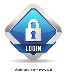 Blue log-in button with steel border and ribbon on white background