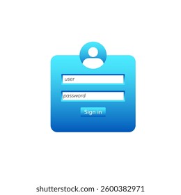 Blue login icon with user shaded silhouette, username, password fields, and a sign in button.