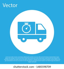 Blue Logistics delivery truck and stopwatch icon isolated on blue background. Delivery time icon. White circle button. Vector Illustration
