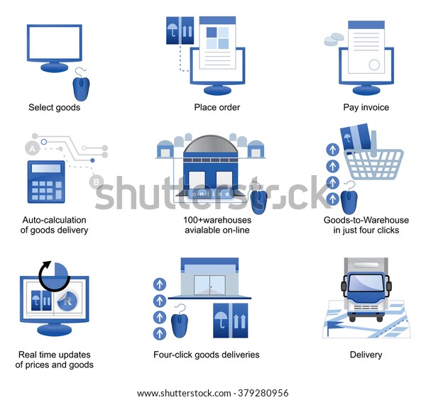Blue logistics\
icons. Auto-calculation of goods delivery. Goods-to-Warehouse in\
just four clicks
