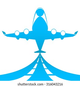 Blue logo of airplane taking off from runway on white background. (EPS10 Art vector)