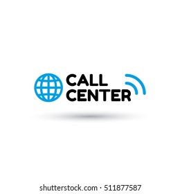 Blue logo call center in flat style. Globe and inscription call center with sound waves. Icon isolated on white background. Vector