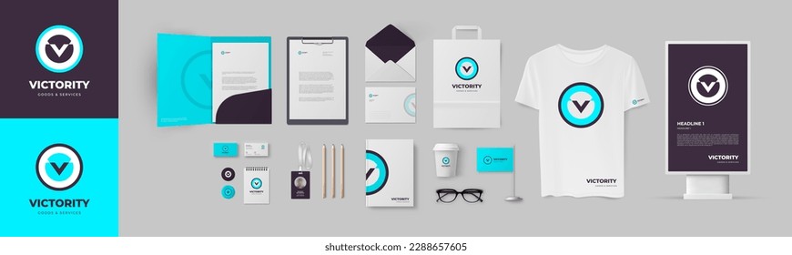 Blue logo corporate branding template, bright and dark blue background. Presentaion of corporate identity for modern company. Circle and letter V logo, folder A4 and letterhead, envelope, visit card