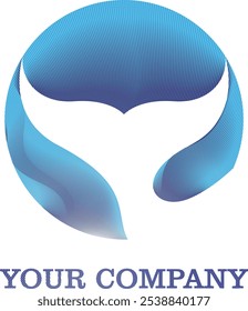 O logotipo azul é circular com um símbolo de cauda de baleia no meio