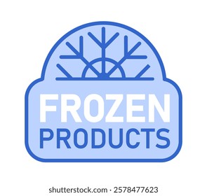 Blue logo design featuring a snowflake and text Frozen Products on a light blue background. A creative concept for frozen food branding. Vector illustration