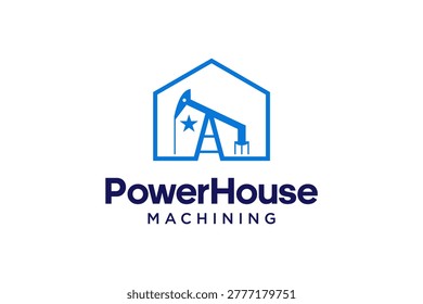 A blue logo featuring an oil pump jack inside a house outline with the text PowerHouse Machining below.