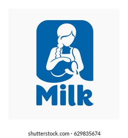 Blue logo girl with a jug of milk on a gray background