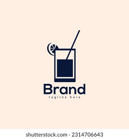A Blue Logo With A Glass Of Juice And A Glass. Vector Clip Art Juice Design With Premium Modern Logo Template.