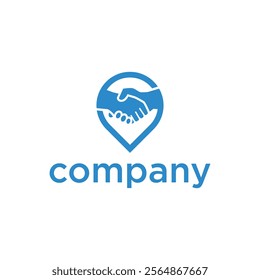 A blue logo with two hands shaking inside a location pin icon above the word 'company.
