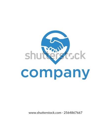 A blue logo with two hands shaking inside a location pin icon above the word 'company.