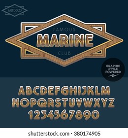 Blue logo with wooden and metallic element for yacht club. Vector set of letters and  numbers