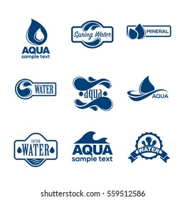 Conjunto de logotipos azules. Etiqueta para agua mineral. Colección de iconos de Aqua. Ilustración vectorial aislada en fondo blanco