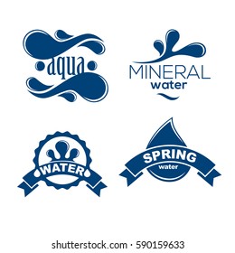 Blue logos set. Label for mineral water. Aqua icons collection. Vector Illustration isolated on white background