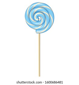 Blue Lollipop Isolated on White Background. Mint Spiral Candy. Vector 3D Realistic Illustration.