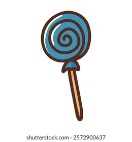 A blue lollipop with a spiral pattern on a stick, perfect for candy-themed designs, children's illustrations, or festive decorations