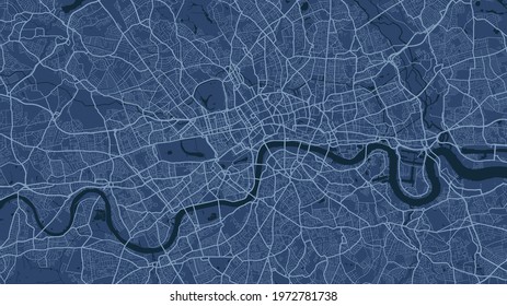 Blue London city area vector background map, streets and water cartography illustration. Widescreen proportion, digital flat design streetmap.