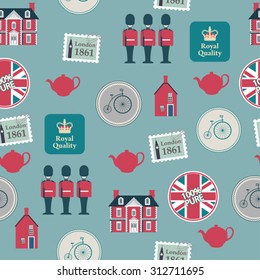 blue London newspaper style seamless pattern