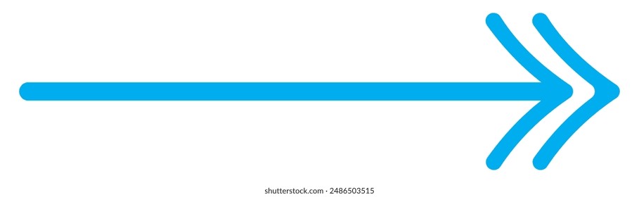 Blue long arrow pointing to the right. Straight long arrow icon, right thin line, blue cursor, horizontal element, thick pointer vector long arrow icon isolated on white background.