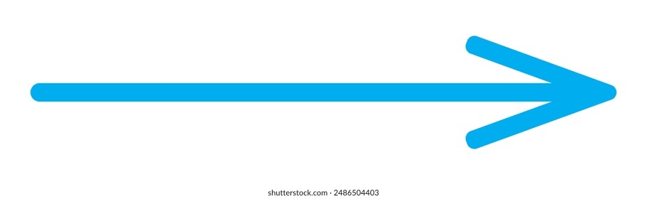 Blue long arrow pointing to the right. Straight long arrow icon, right thin line, blue cursor, horizontal element, thick pointer vector long arrow icon isolated on white background.