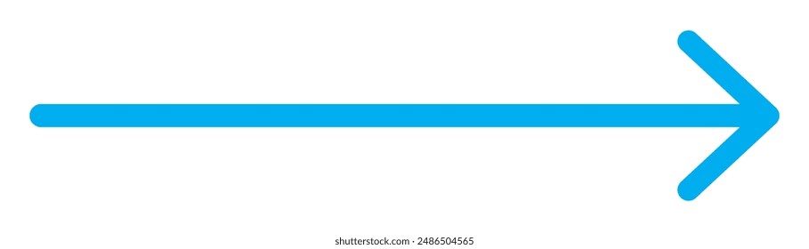 Blue long arrow pointing to the right. Straight long arrow icon, right thin line, blue cursor, horizontal element, thick pointer vector long arrow icon isolated on white background.