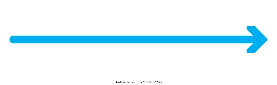 Blue long arrow pointing to the right. Straight long arrow icon, right thin line, blue cursor, horizontal element, thick pointer vector long arrow icon isolated on white background.