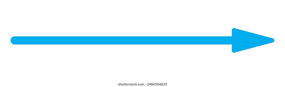 Blue long arrow pointing to the right. Straight long arrow icon, right thin line, blue cursor, horizontal element, thick pointer vector long arrow icon isolated on white background.