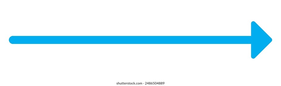 Blue long arrow pointing to the right. Straight long arrow icon, right thin line, blue cursor, horizontal element, thick pointer vector long arrow icon isolated on white background.